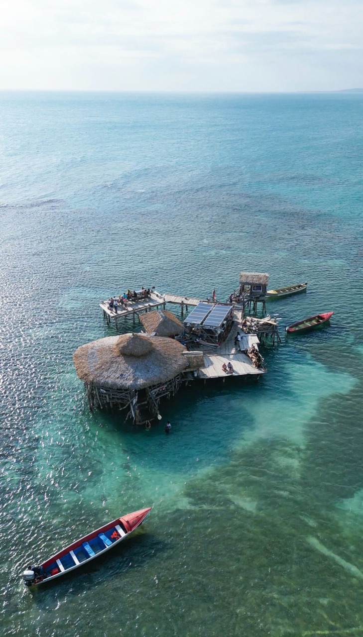 Aerial view of a floating platform in clear blue water during the Jamaica Tourist Board campaign