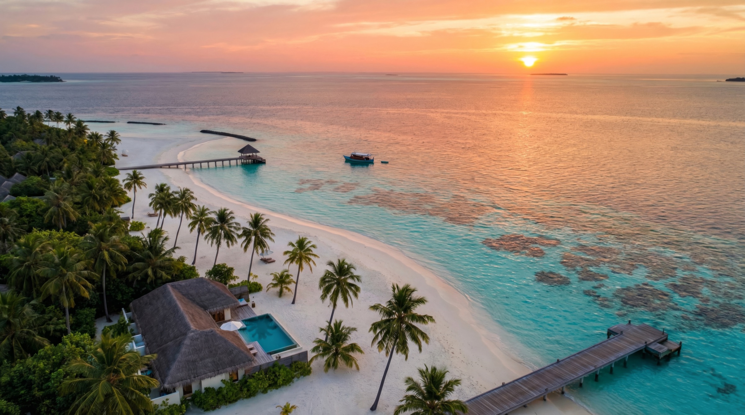 Aerial view of a tropical beach and turquoise water at sunset