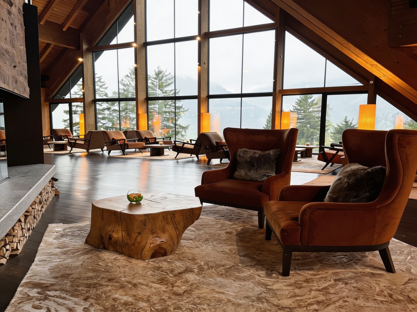 Luxury mountain lounge with large windows and warm lighting